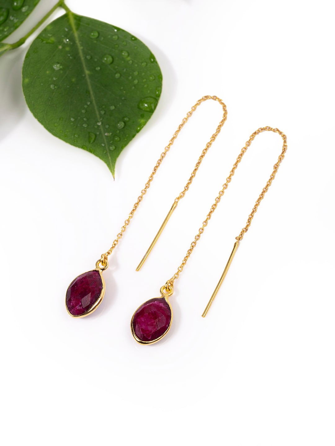 

Mikoto by FableStreet Gold-Plated Red Dyed Ruby Contemporary Thread Earrings