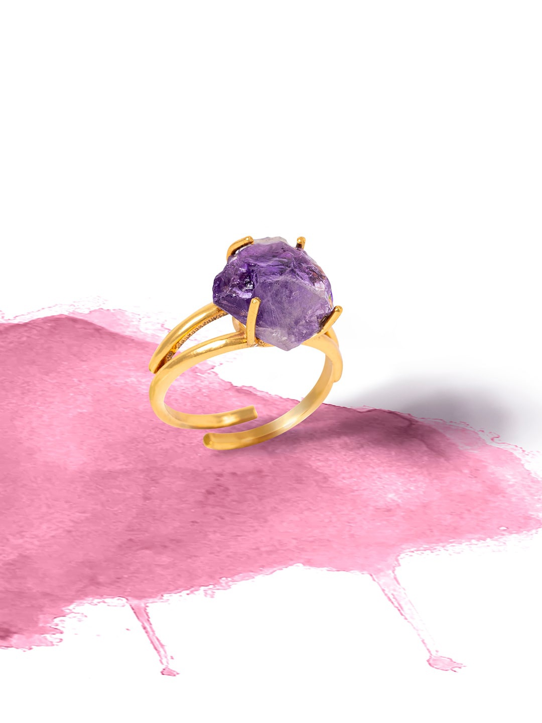 

Mikoto by FableStreet Gold-Plated Amethyst Crystal Studded Adjustable Finger Ring