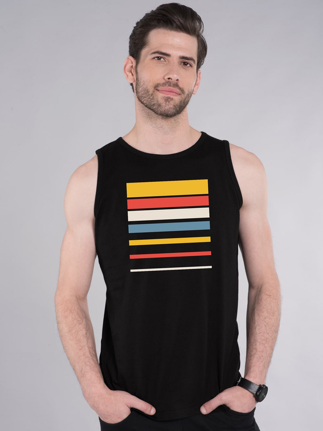 

Bewakoof Men Black Printed Cotton Jersey Innerwear Vest