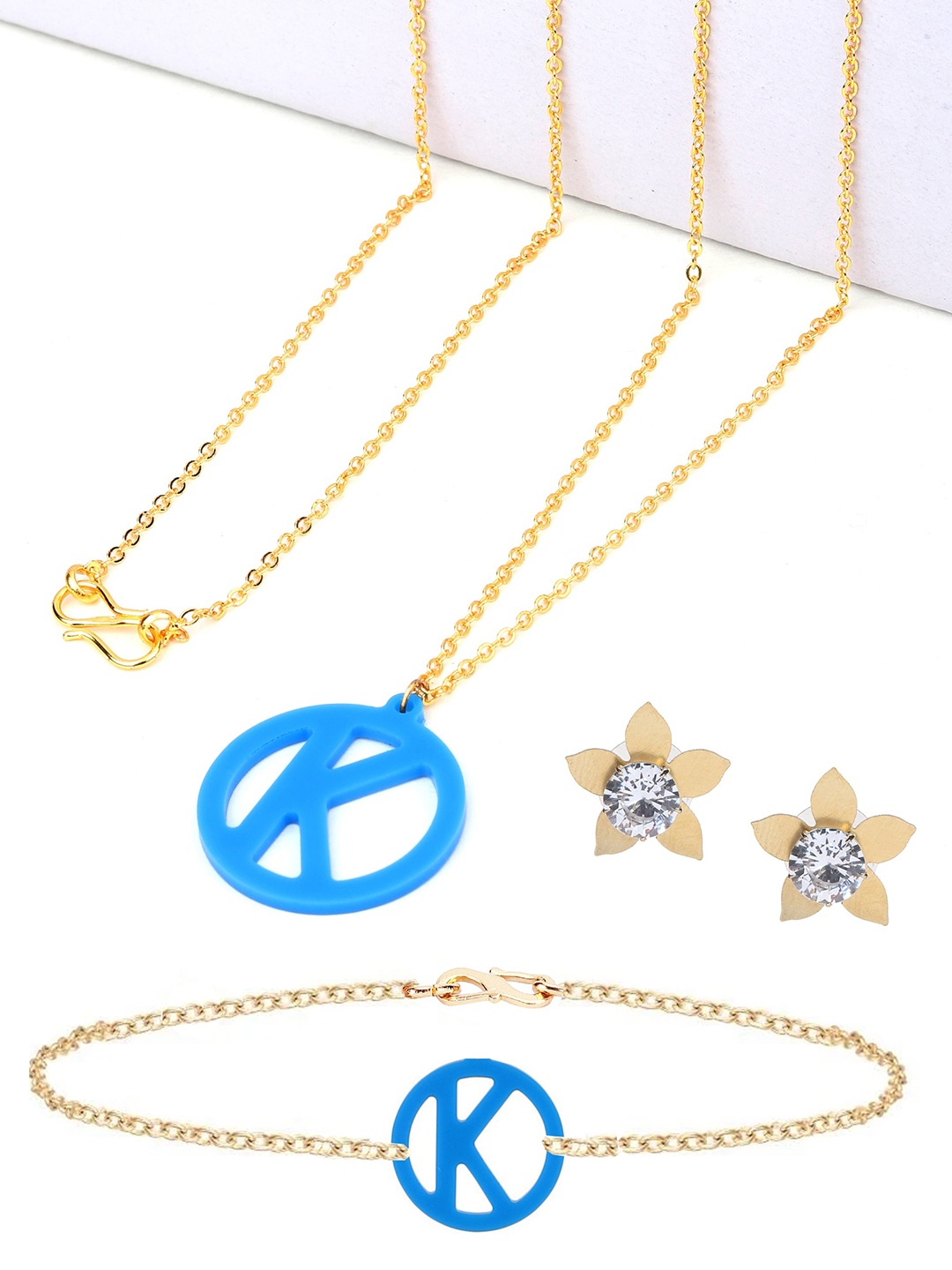 

Goldnera Women Gold-Plated Blue K Alphabet Pendant Chain with Stud