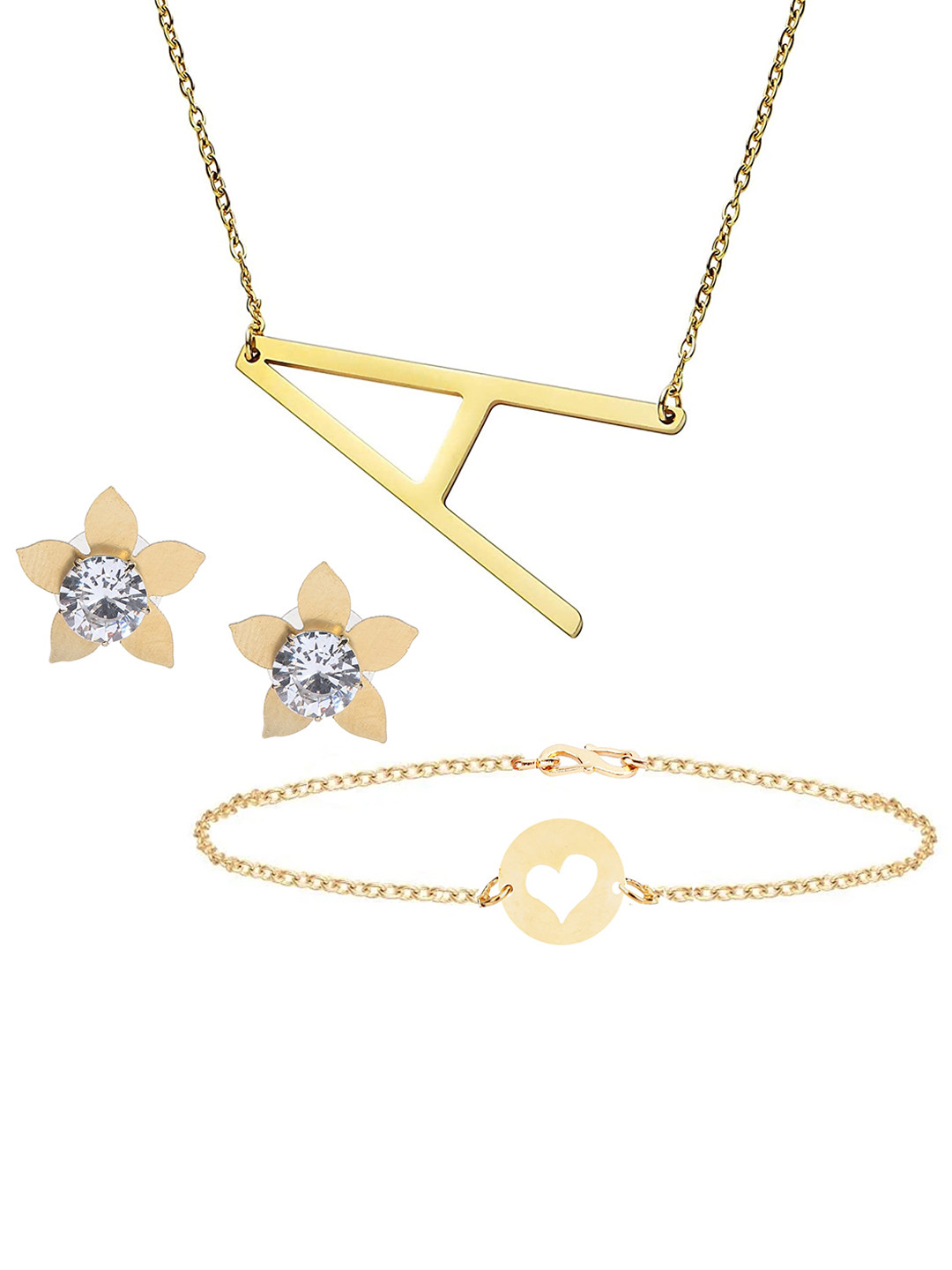 

Goldnera Gold-Plated Initial 'A' Chain Pendant With Earrings & Bracelet Jewellery Set