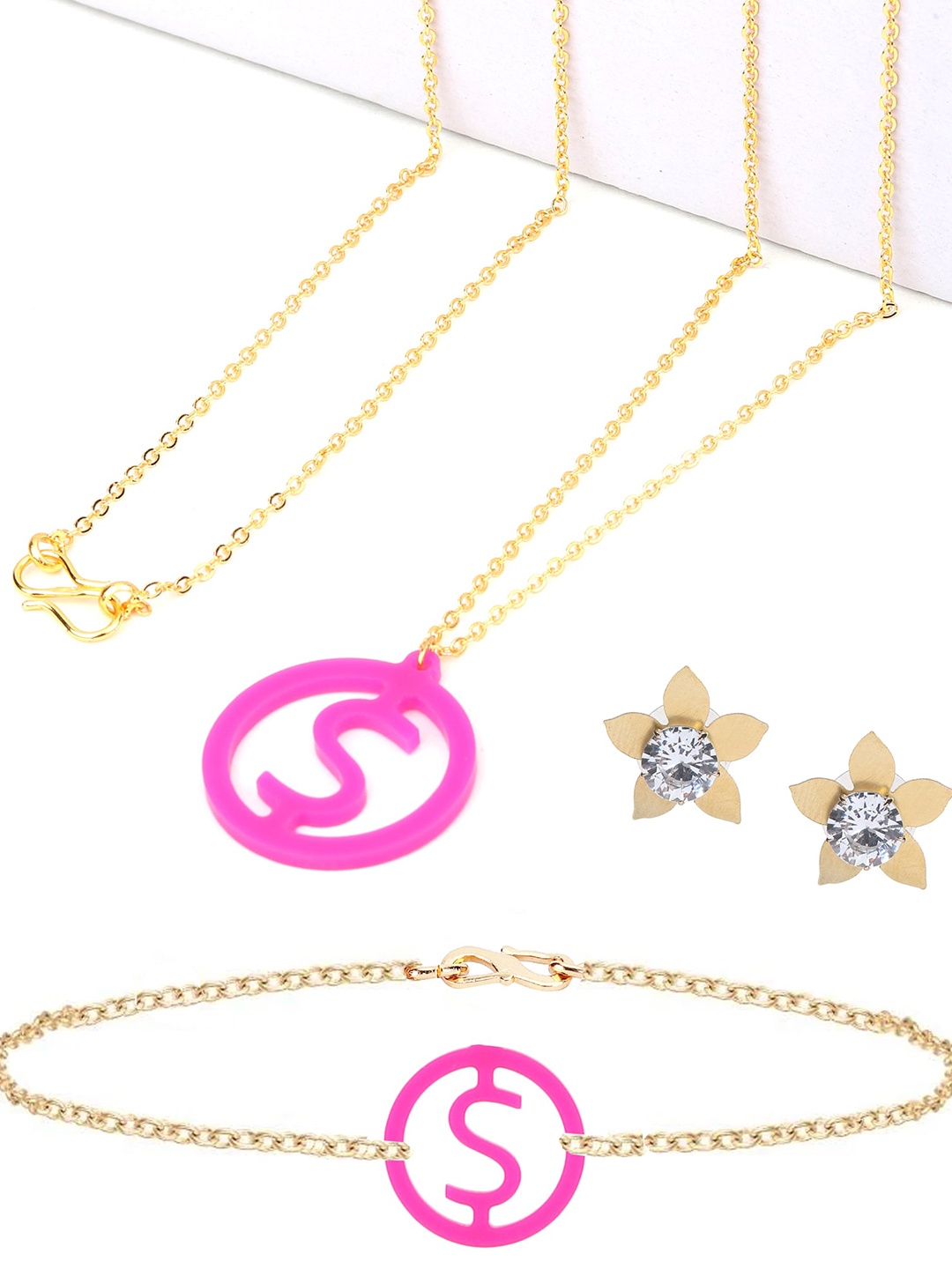 

Goldnera Gold-Plated Pink S Alphabet-Shaped Studded Handcrafted Jewellery Set