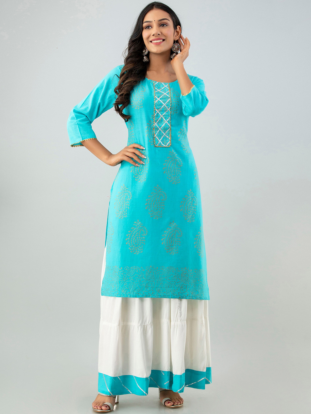 

Fusion Threads Women Blue Printed Pure Cotton Kurta with Sharara