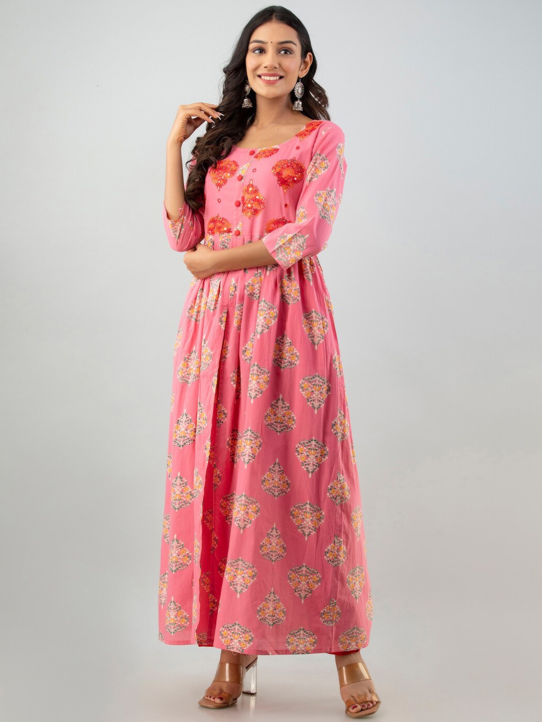 

Fusion Threads Women Pink Printed Empire Pure Cotton Kurta With Churidar