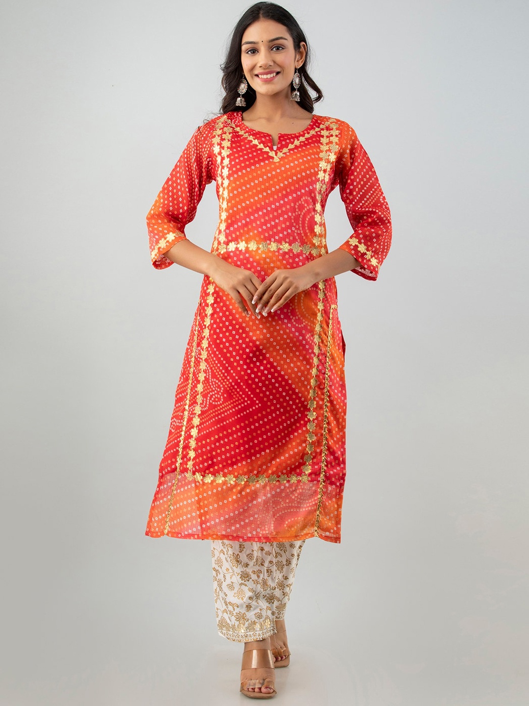 

Fusion Threads Women Red & White Printed Kurta with Trousers