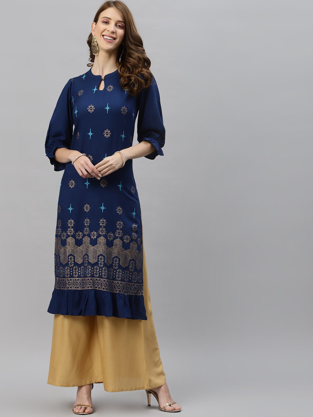 

KALINI Women Navy Blue Dyed Keyhole Neck Kurta