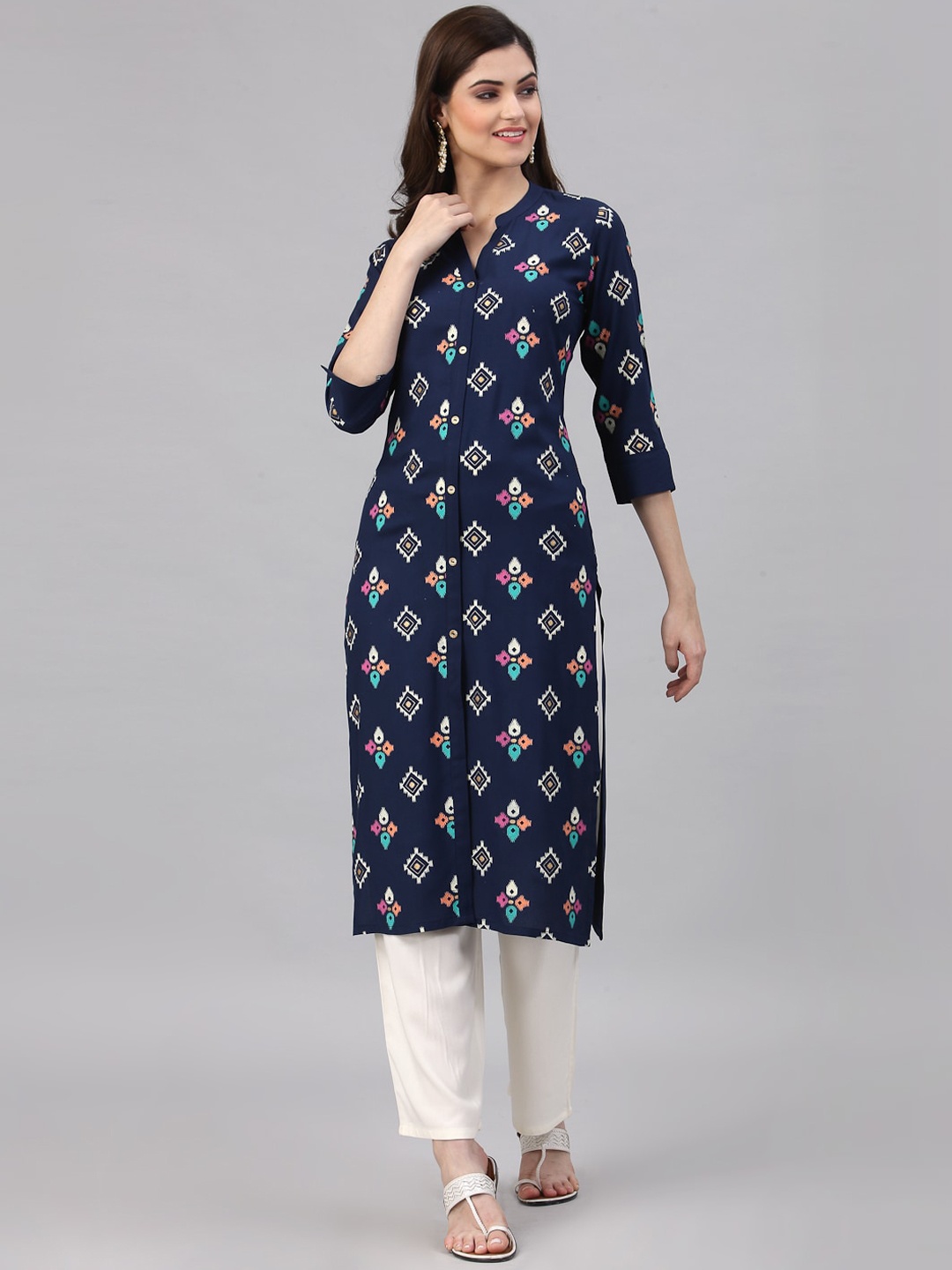 

KALINI Women Blue & Cream Geometric Printed Kurta