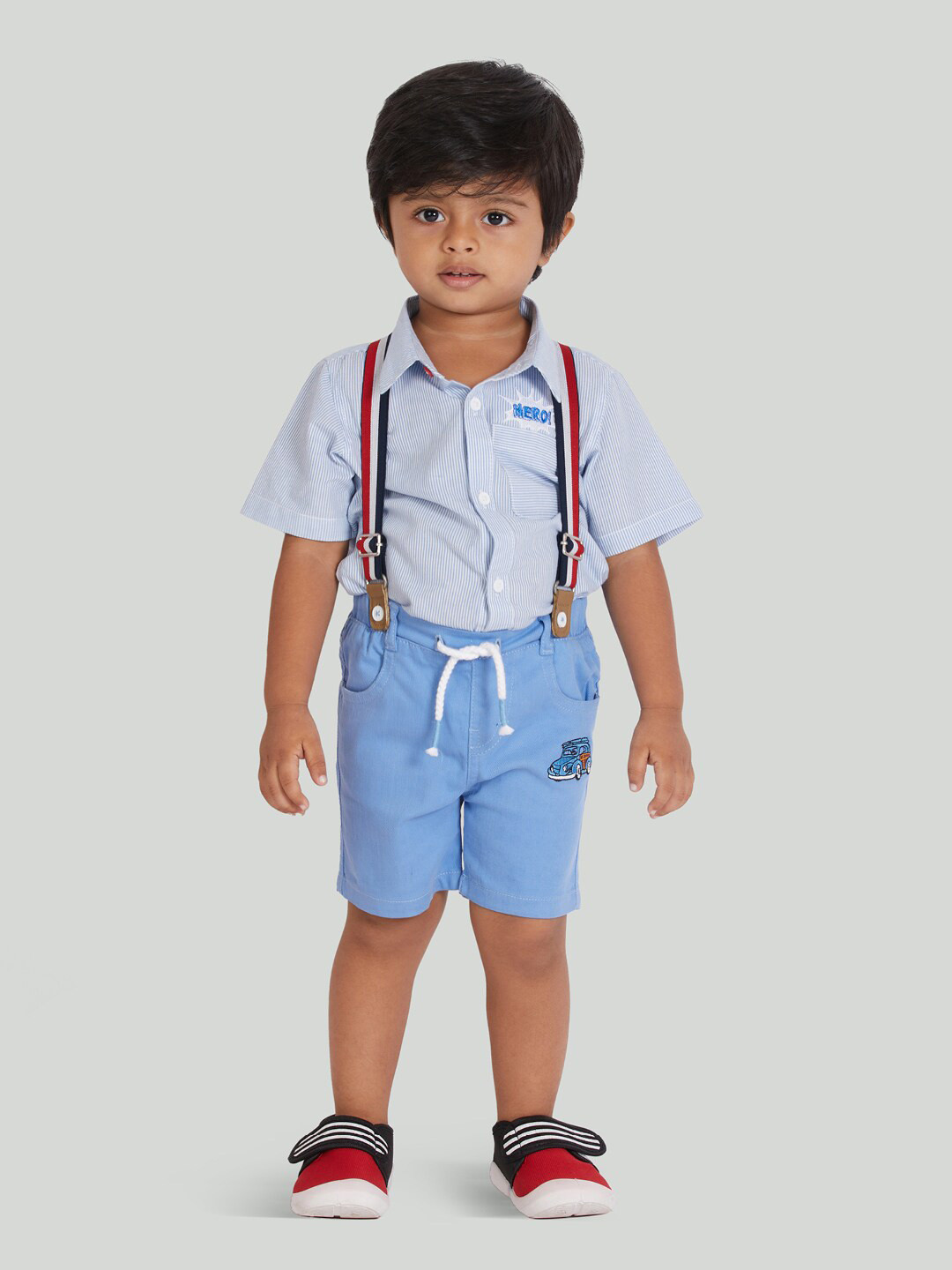 

Zalio Boys Blue Striped Pure Cotton Shirt with Shorts