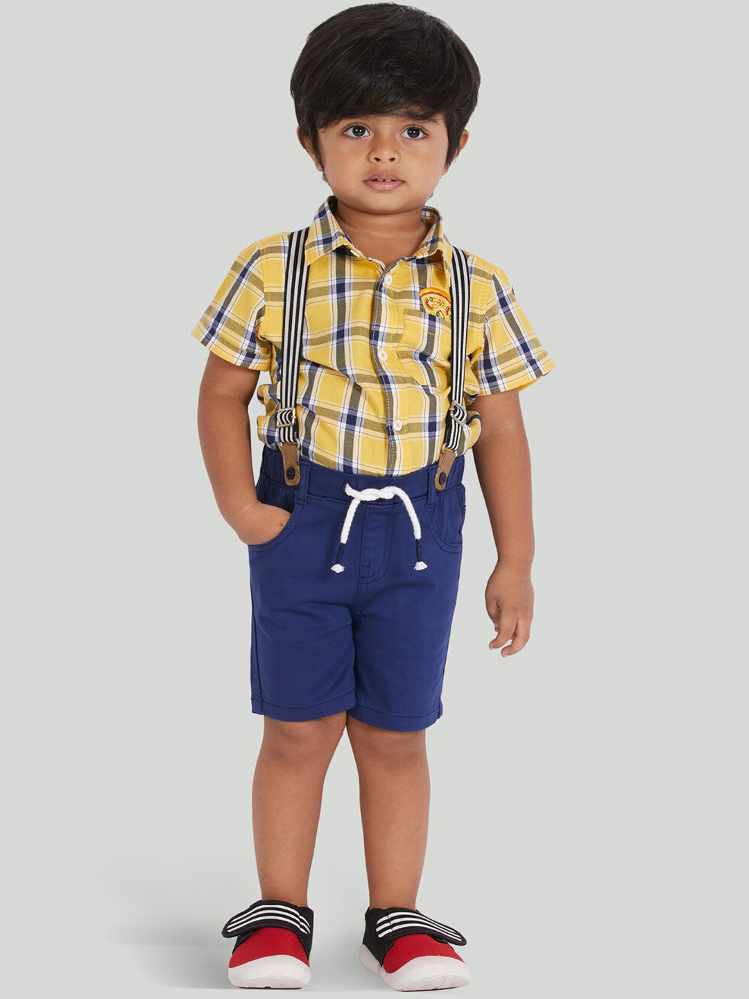 

Zalio Boys Yellow & Navy Blue Checked Pure cotton Shirt with Shorts