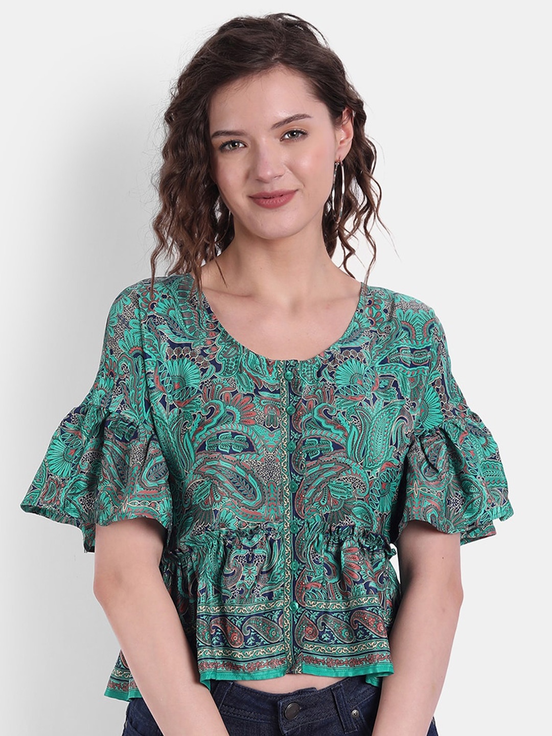 

MINGLAY Women Green Printed Crop Top