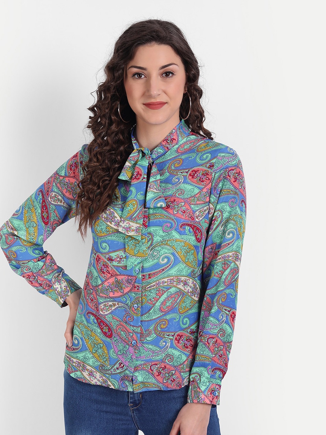 

MINGLAY Multicoloured Print Tie-Up Neck Top, Multi
