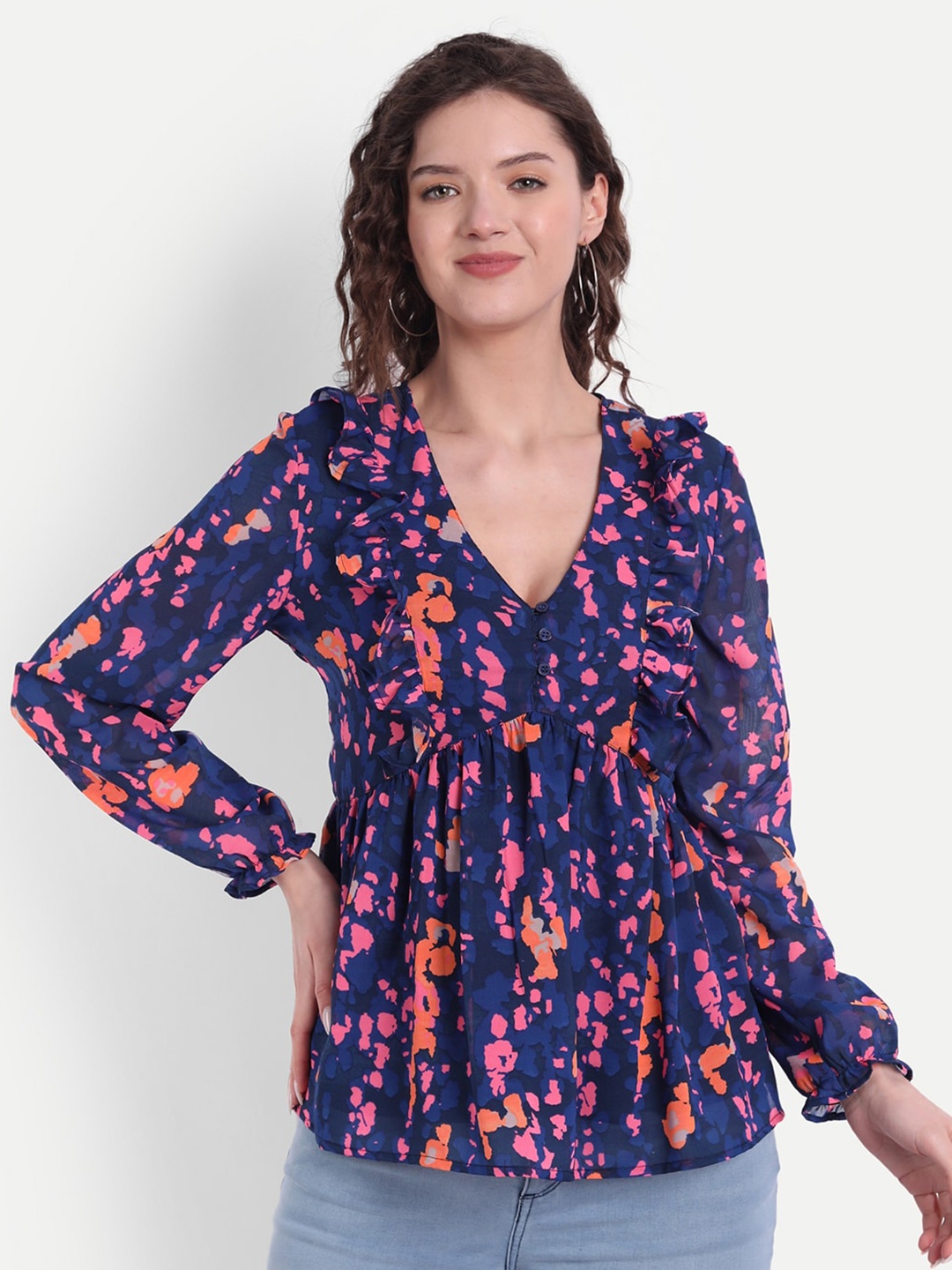 

MINGLAY Blue & Pink Abstract Print Ruffles Georgette A-line Top