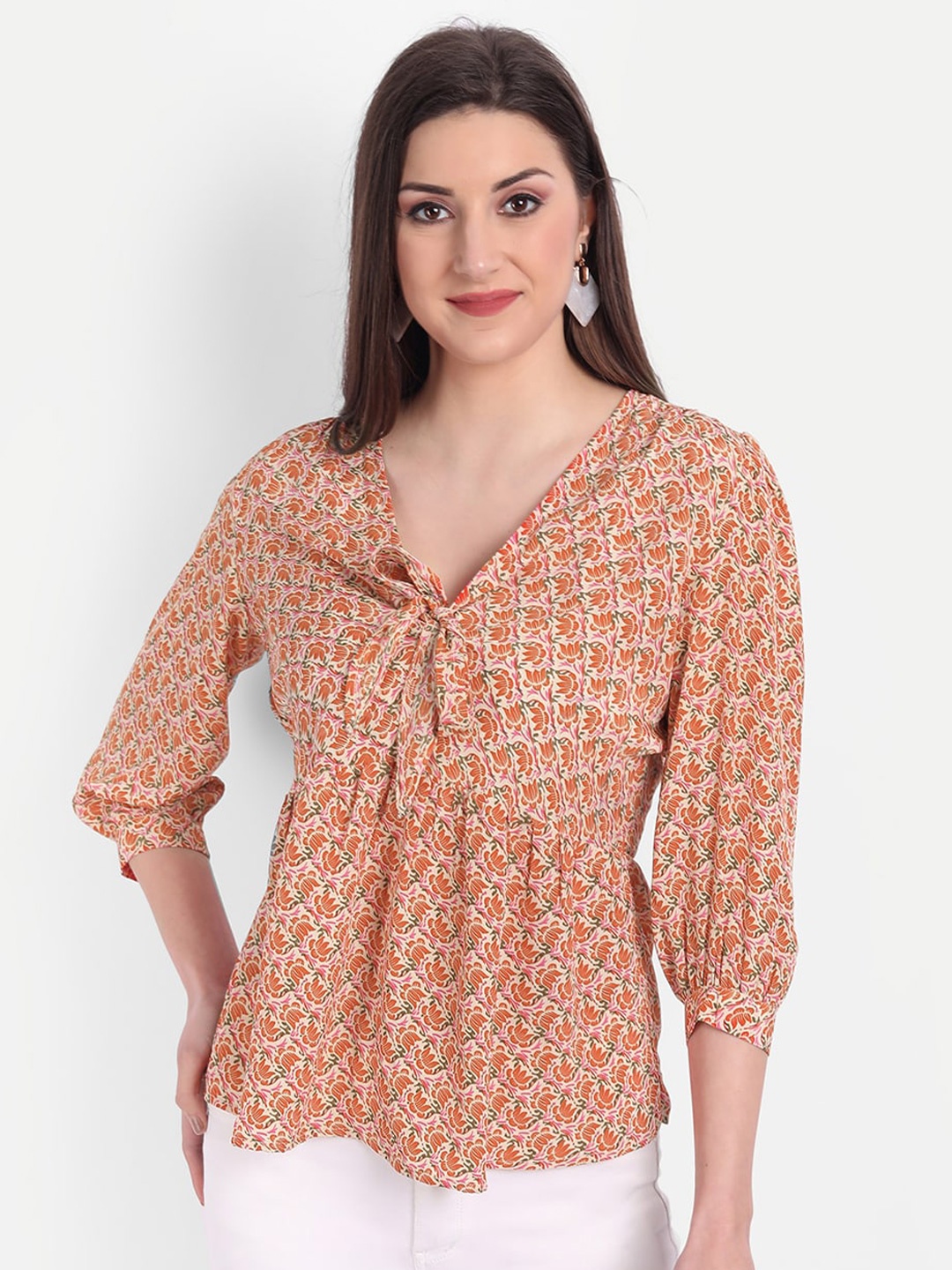 

MINGLAY Orange Floral Print Top