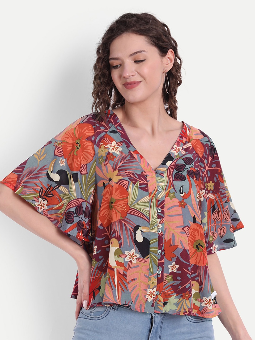 

MINGLAY Grey & Orange Floral Print Kaftan Top