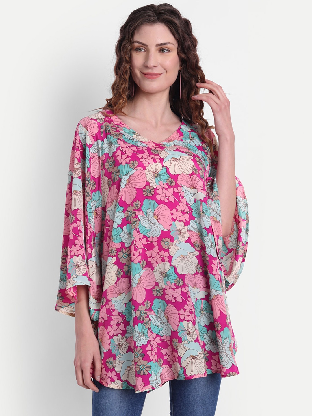 

MINGLAY Women Pink Floral Printed Longline Top