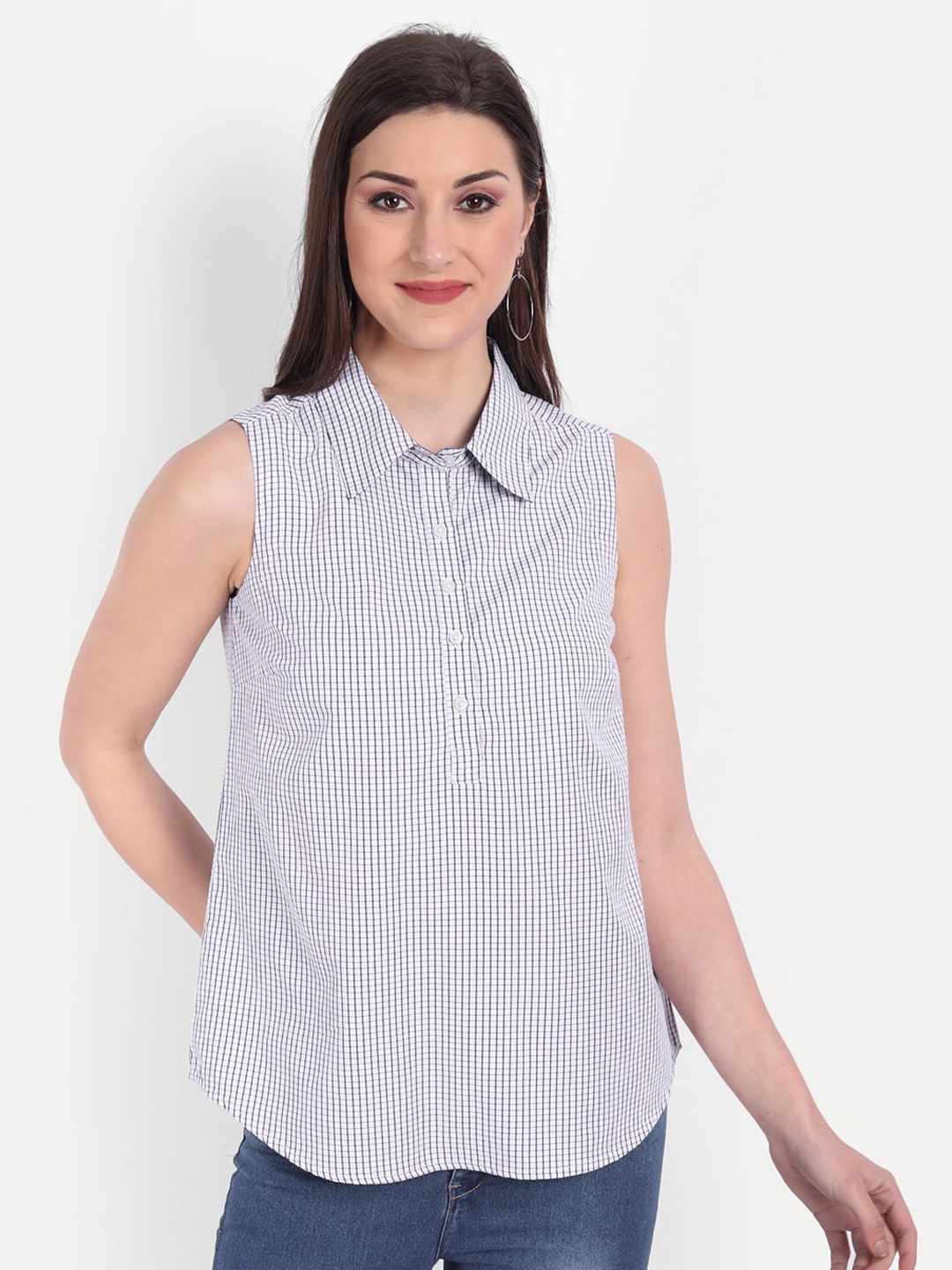 

MINGLAY White Striped Sleeveless Shirt Style Top
