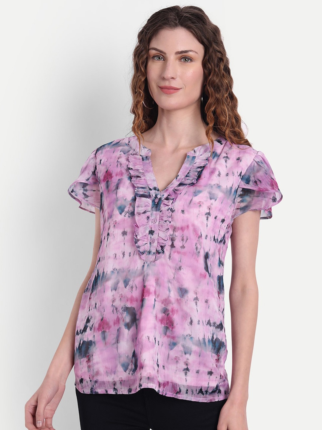 

MINGLAY Pink Floral Print Chiffon Top