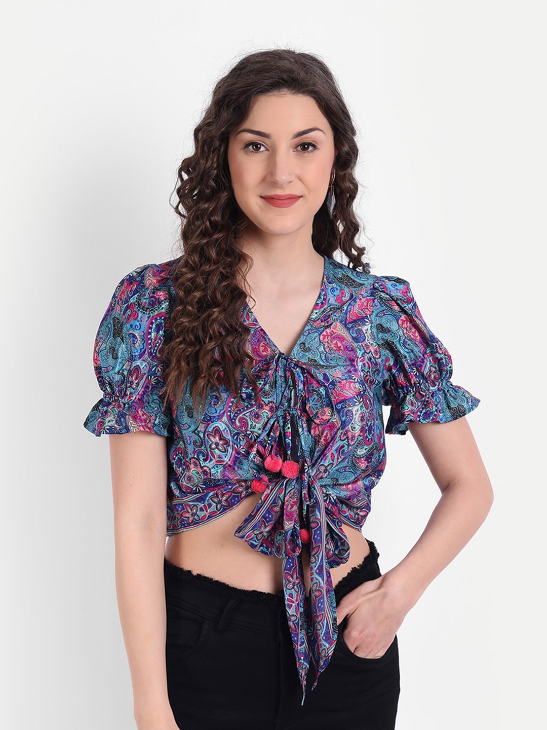 

MINGLAY Blue & Pink Paisley Printed Crop Blouson Top