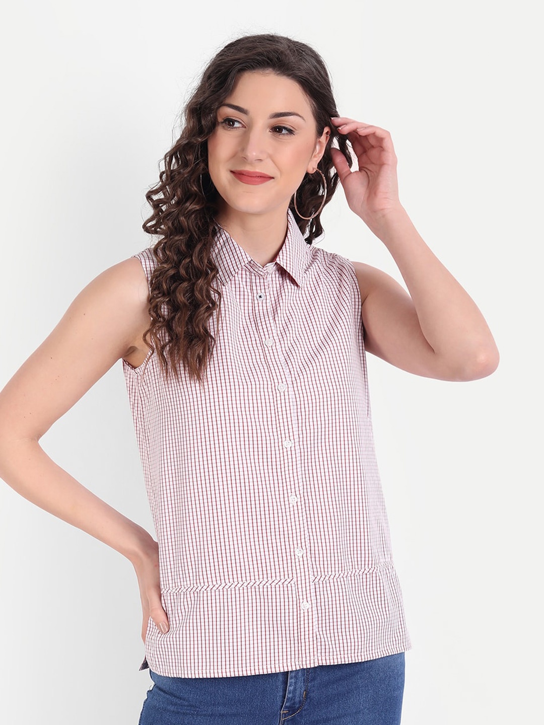 

MINGLAY Women White Checked Shirt Style Top