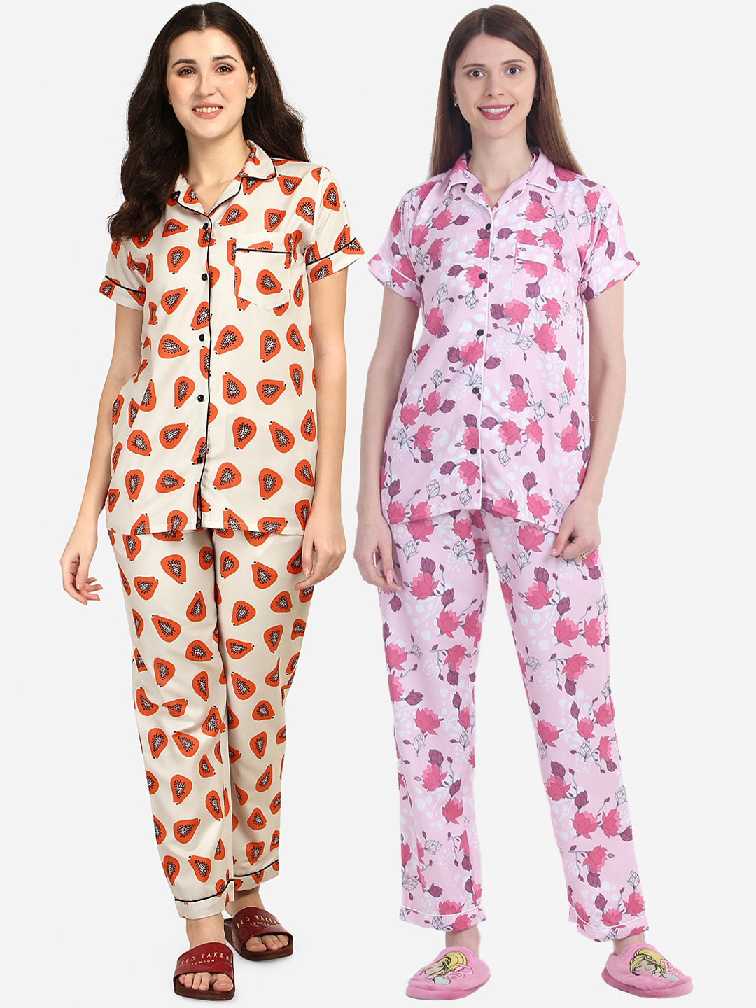 

House of JAMMIES Women Cream-Coloured & Pink Pack of 2 Printed Night suit