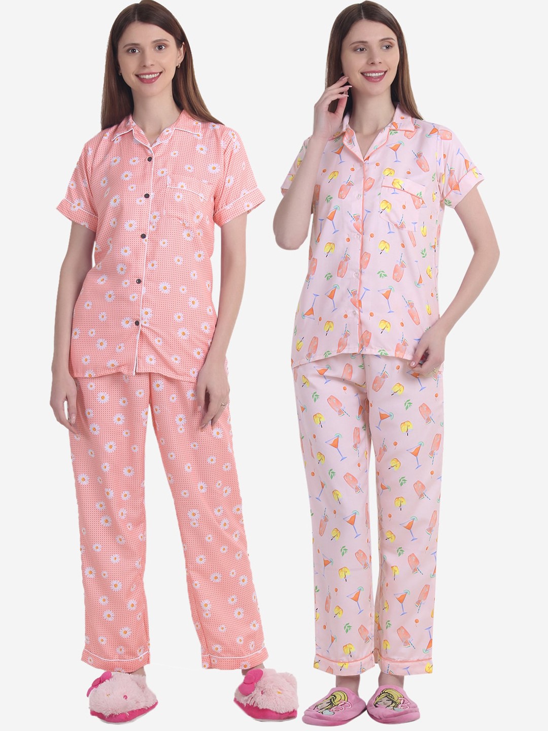 

House of JAMMIES Women Pack of 2 Peach-Coloured & Pink Printed Night suit