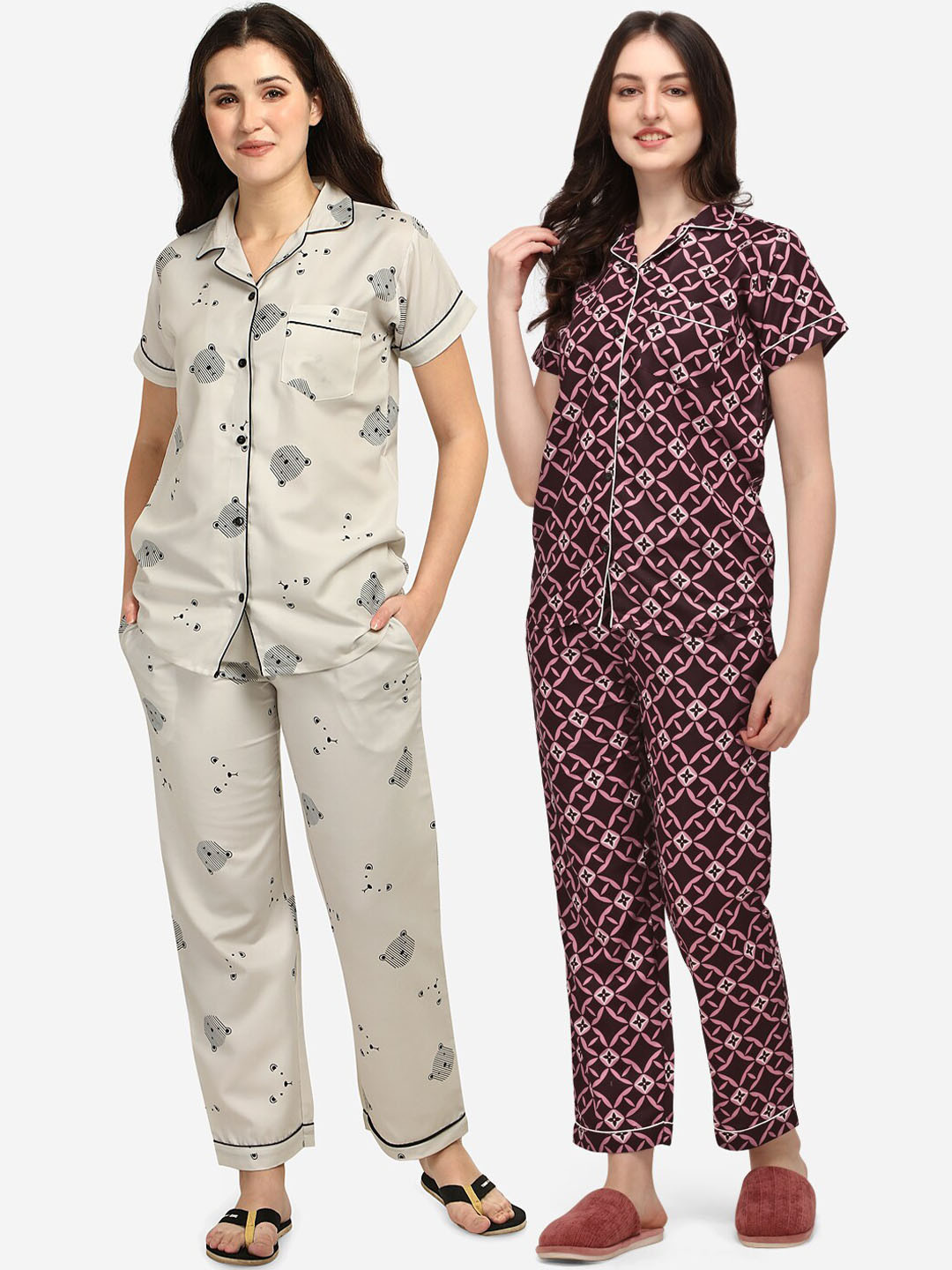 

House of JAMMIES Women Pack of 2 Printed Night suits, Grey