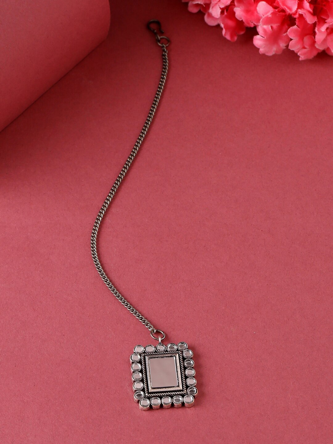

VIRAASI Silver-Toned Oxidised Mirror Work Maangtikka