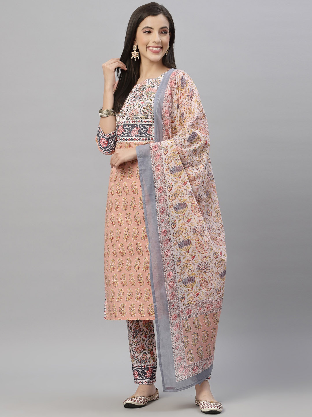 

Juniper Women Peach-Coloured Ethnic Motifs Embroidered Kurta with Palazzos & Dupatta