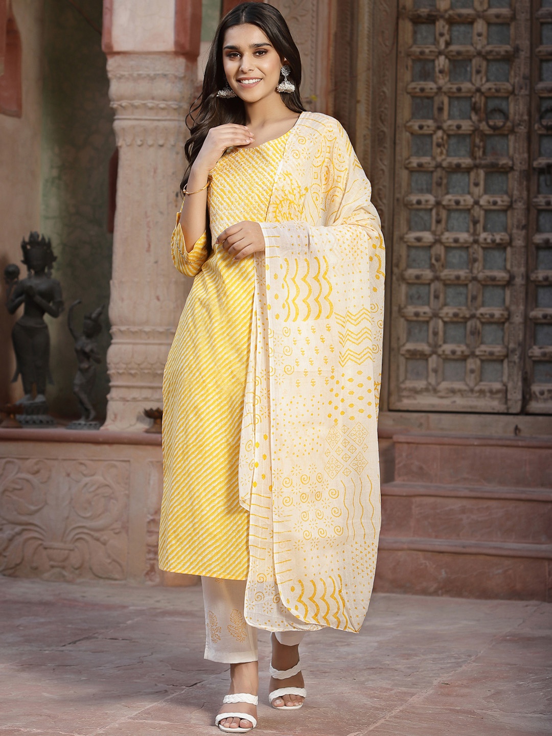 

Juniper Women Yellow Leheriya Printed Thread Work Kurta with Trousers & With Dupatta