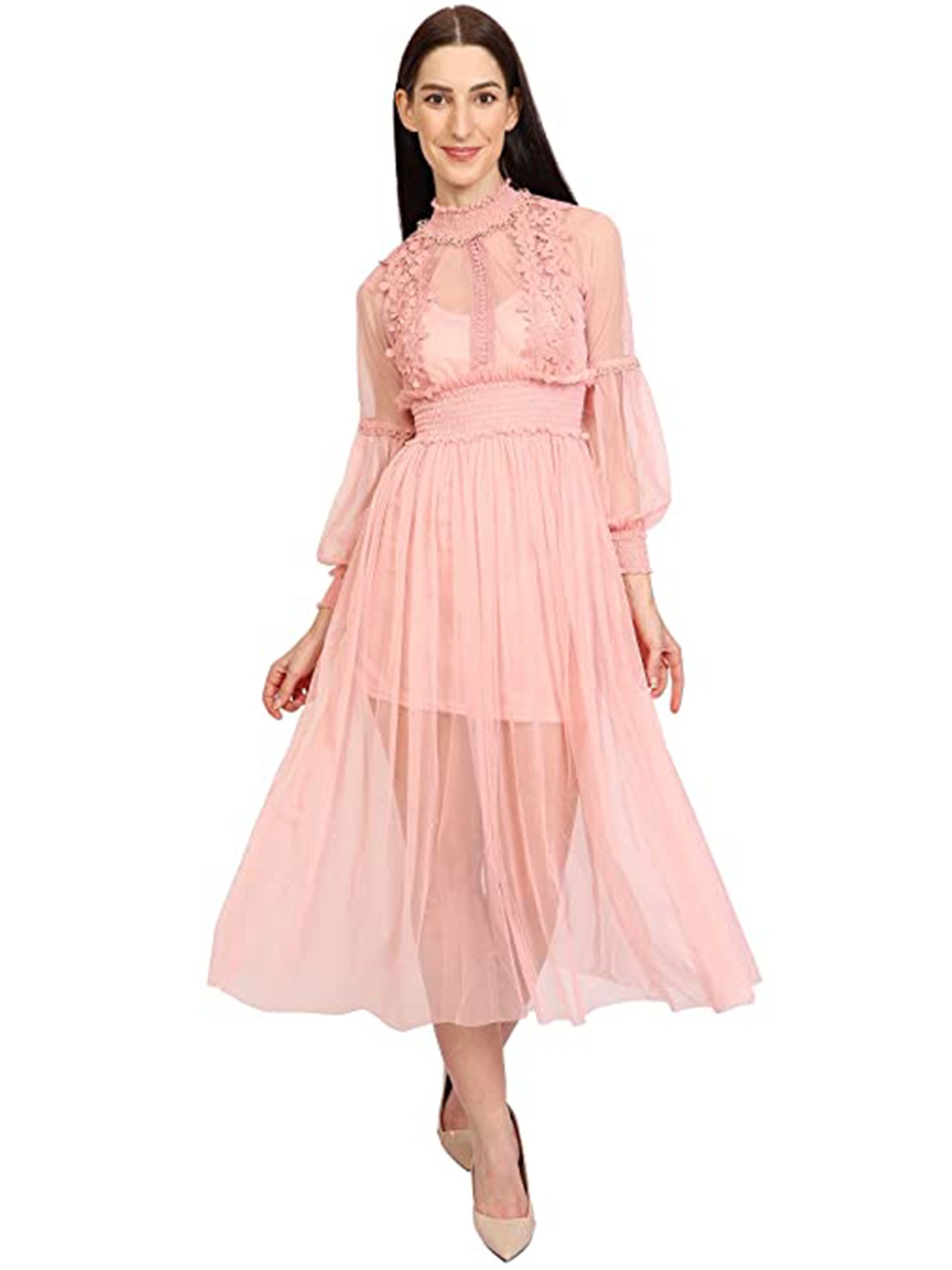 

La Aimee Pink Self Design A-Line Midi Dress With Applique Detailing