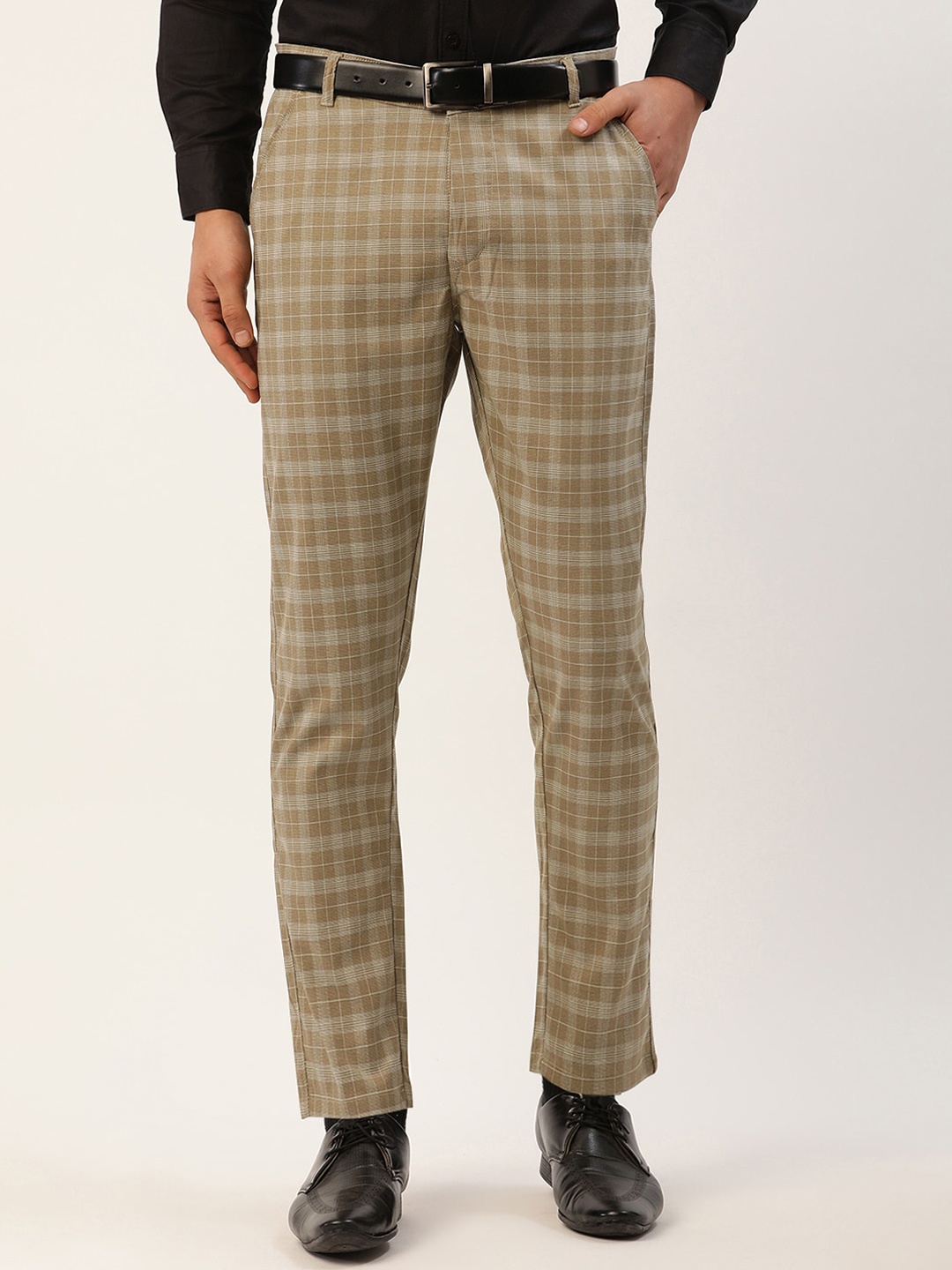 

JAINISH Men Beige Checked Smart Slim Fit Formal Trousers