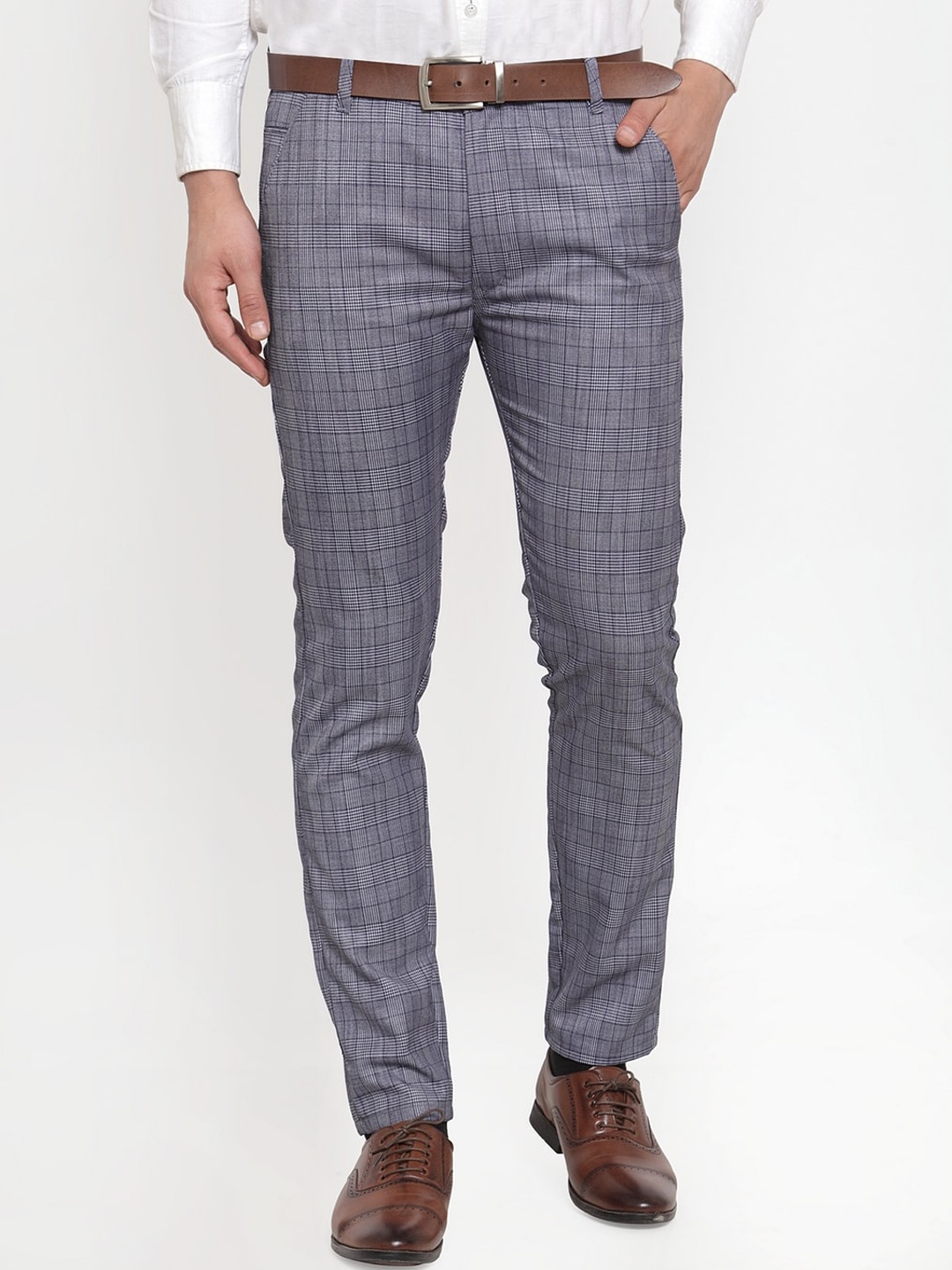 

JAINISH Men Blue Checked Tapered Fit Formal Trousers