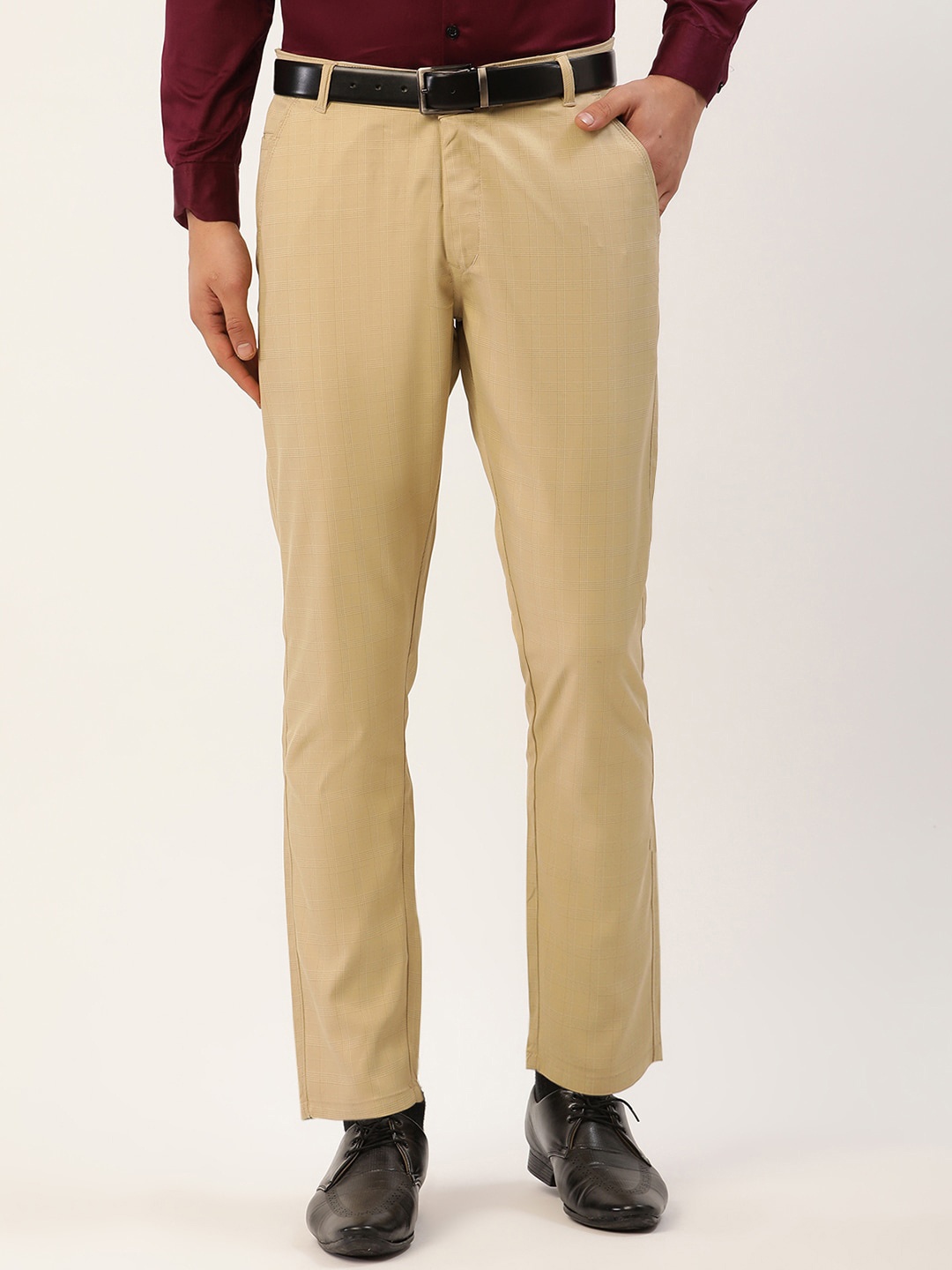 

JAINISH Men Beige Checked Smart Slim Fit Formal Trousers