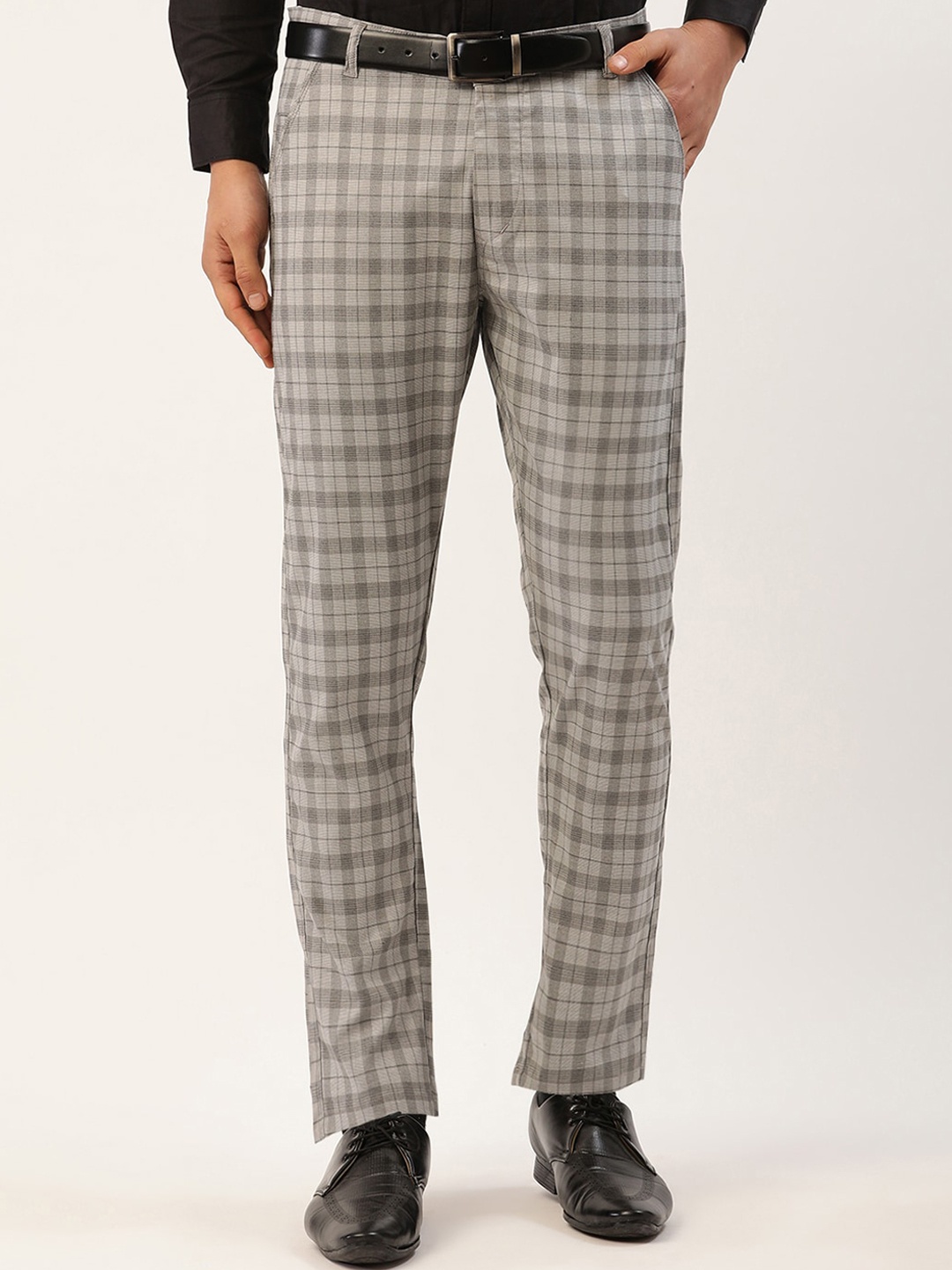 

JAINISH Men Grey Checked Smart Slim Fit Trousers