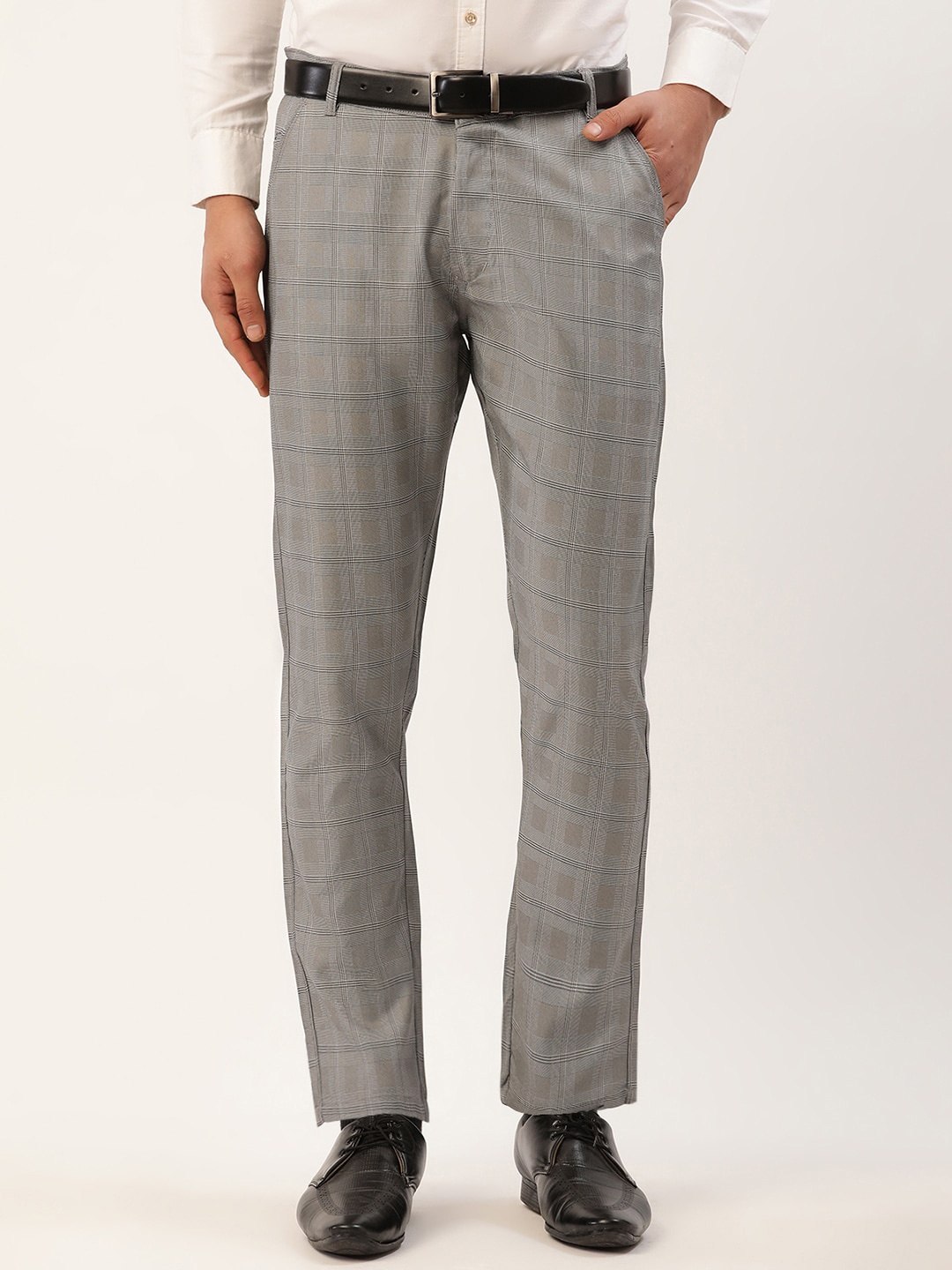 

JAINISH Men Grey Checked Smart Slim Fit Formal Trousers