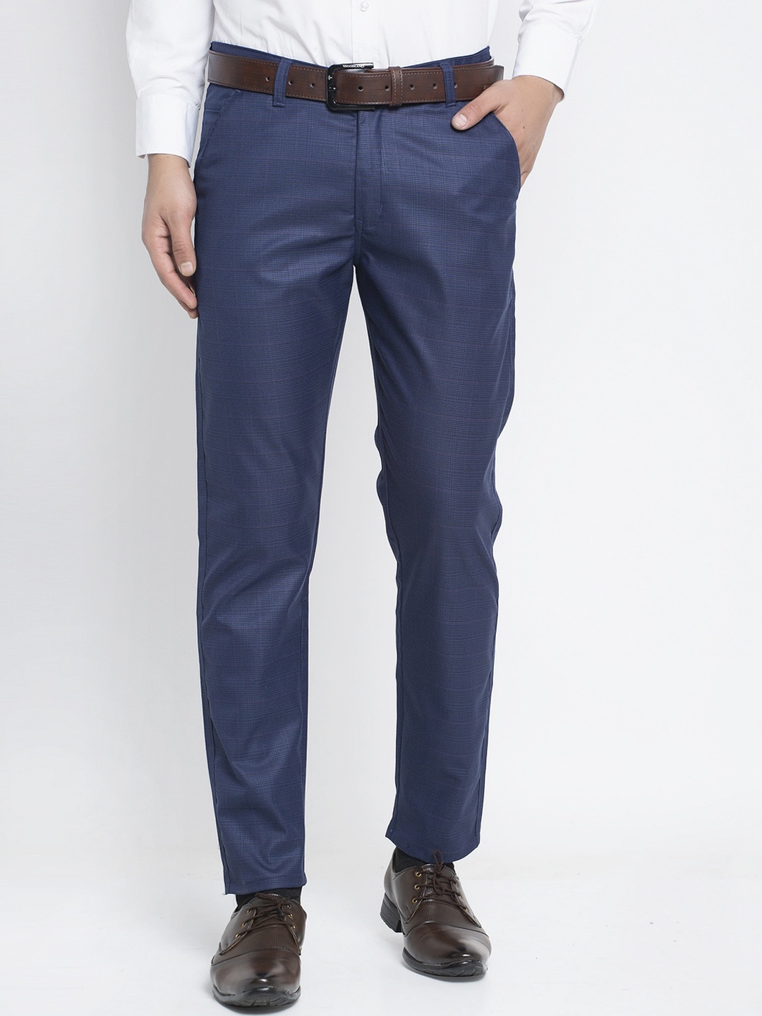 

JAINISH Men Blue Textured Smart Slim Fit Trousers