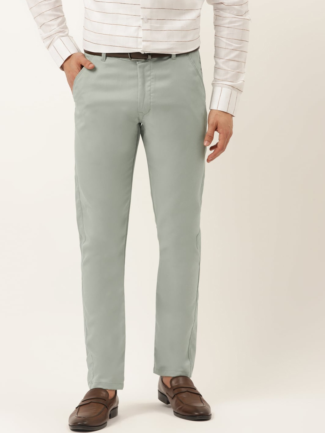 

JAINISH Men Sage Green Solid Smart Slim Fit Regular cTrousers