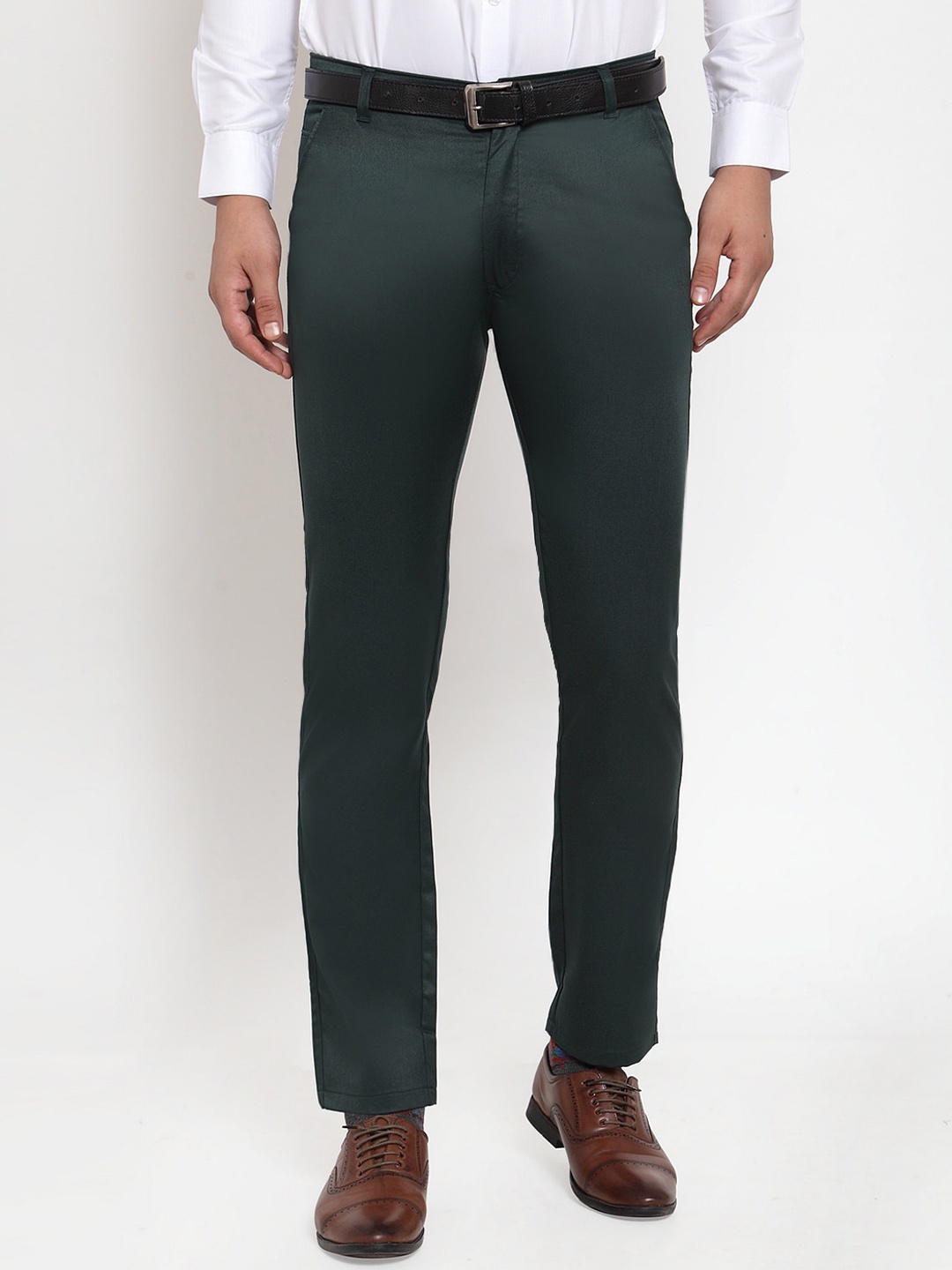

JAINISH Men Olive Green Smart Slim Fit Formal Trousers