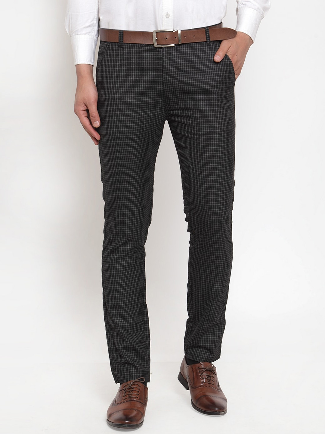 

JAINISH Men Black Checked Smart Slim Fit Formal Trousers