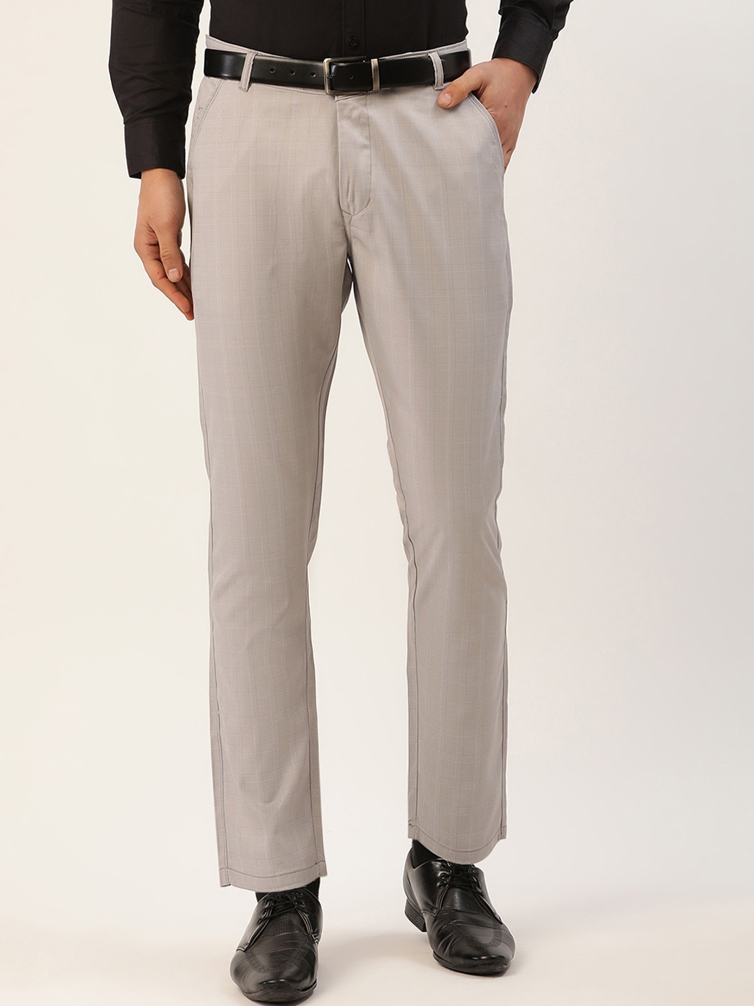 

JAINISH Men Grey Checked Smart Tapered Fit Trousers