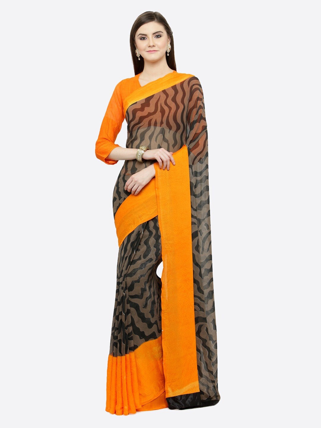 

Shaily Black & Orange Printed Satin Saree