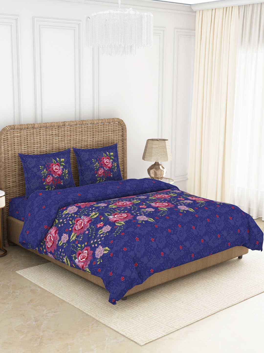 

SPACES Navy Blue & Pink Floral Print 144TC Pure Cotton Double King Bedding Set