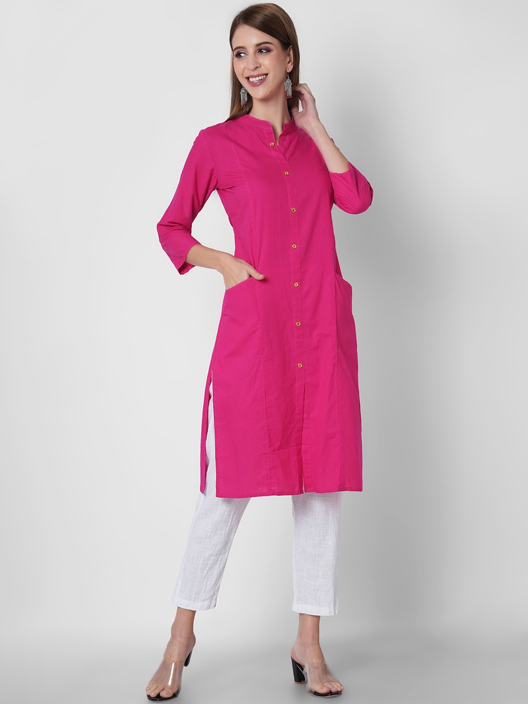 

ORTANGE Women Pink Solid Straight Pure Cotton Kurta