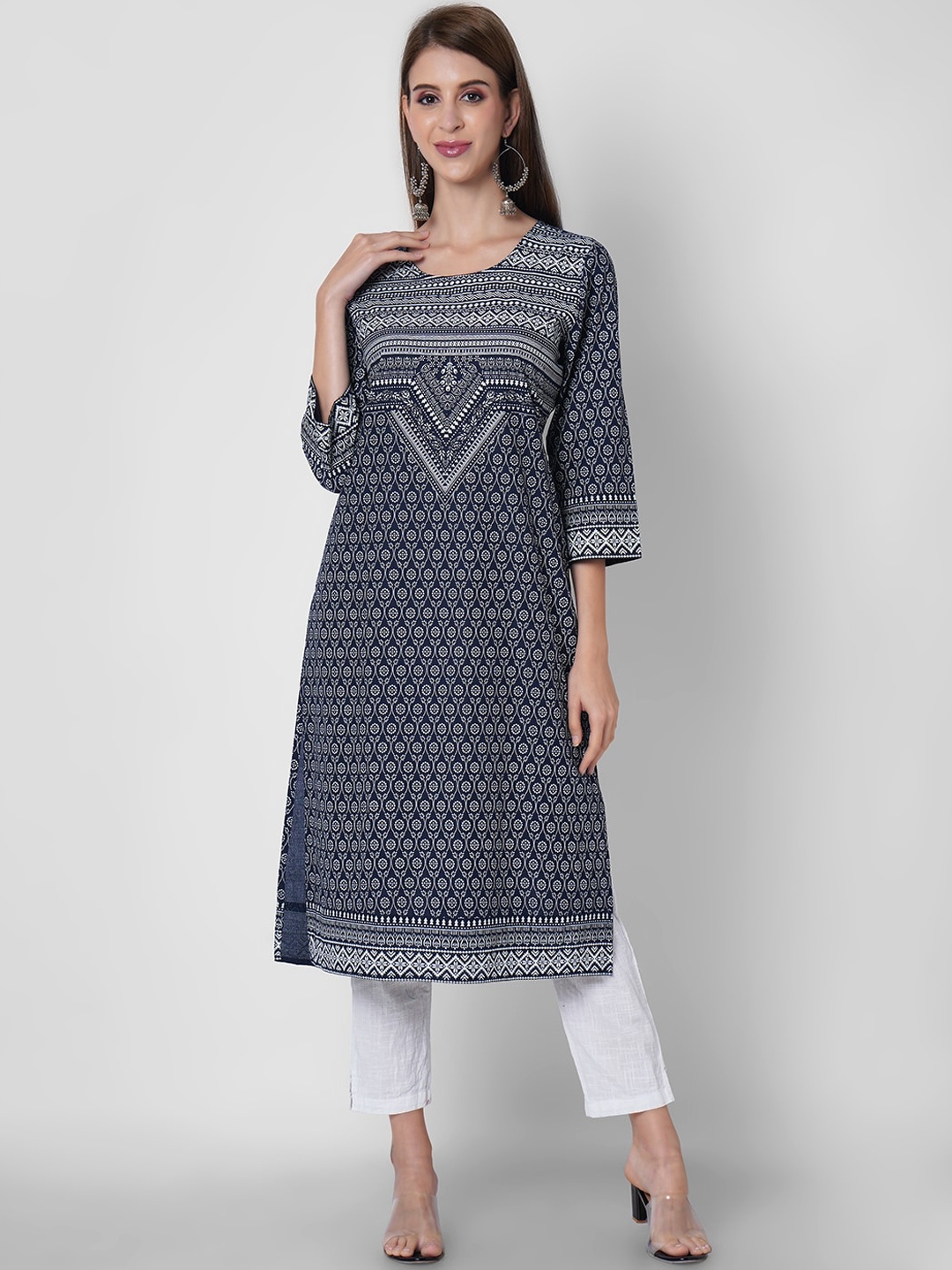 

ORTANGE Women Navy Blue & White Ethnic Motifs Printed Cotton Kurta