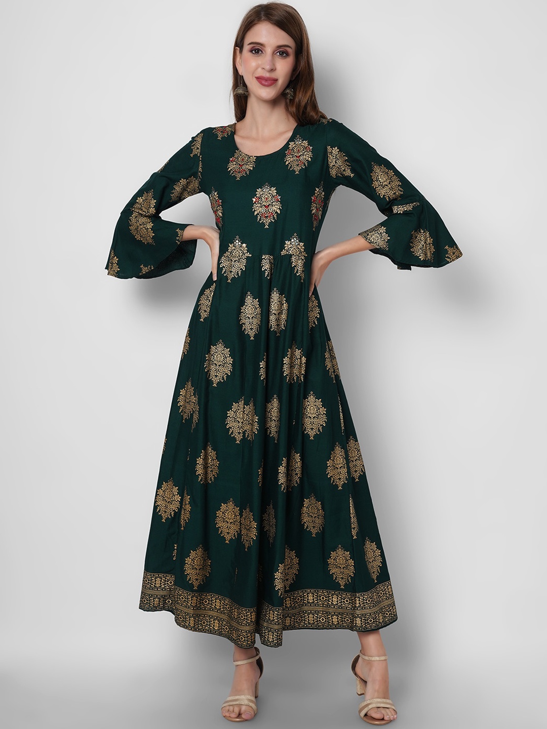 

ORTANGE Green Ethnic Motifs Printed A-Line Kurta