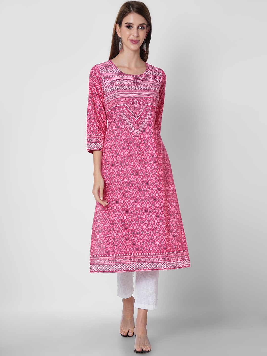 

ORTANGE Women Pink & White Ethnic Motifs Printed Kurta