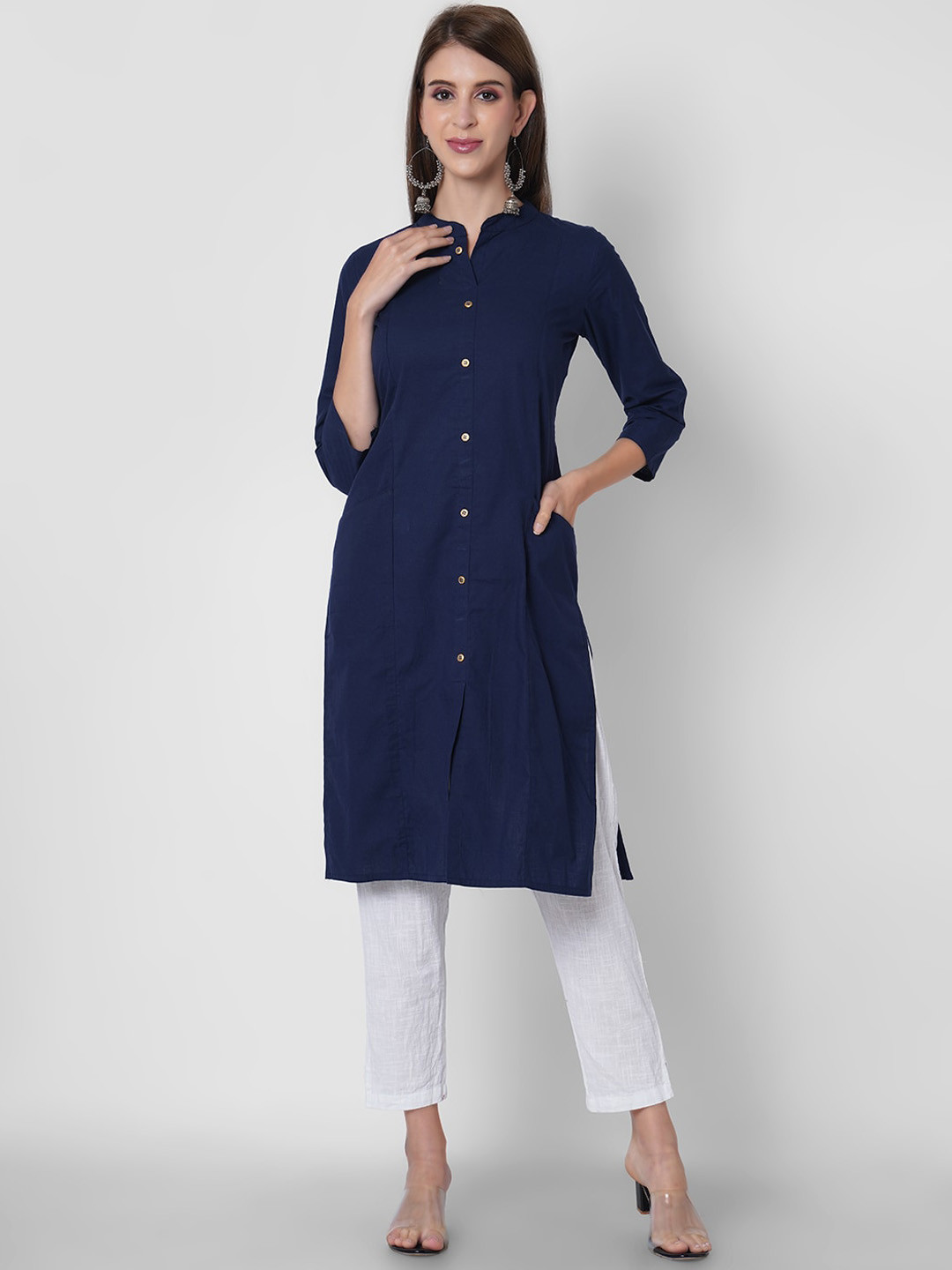 

ORTANGE Women Blue Mandarin Collar Pure Cotton Kurta