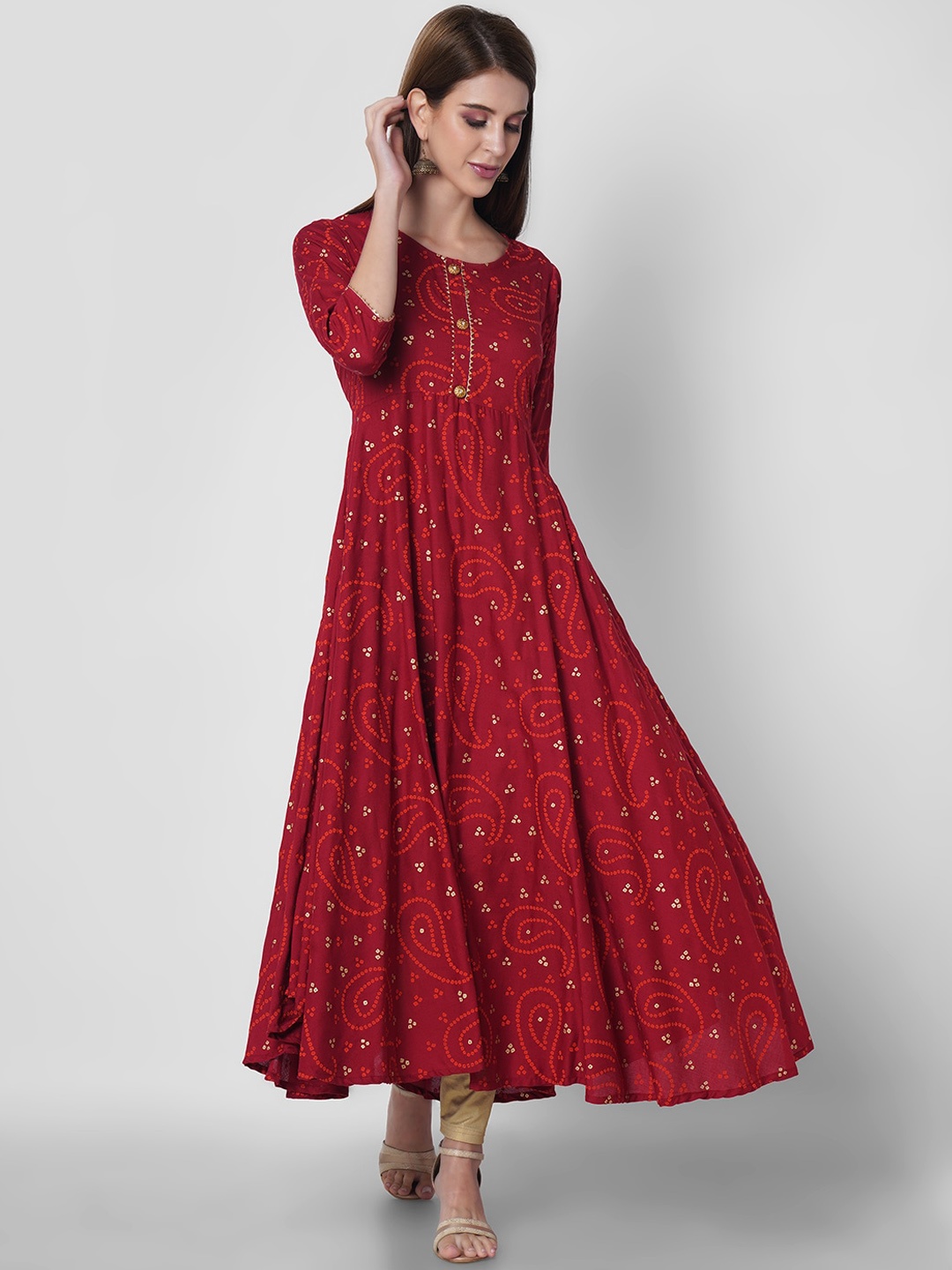 

ORTANGE Women Red Bandhani Printed Gotta Patti A-Line Kurta