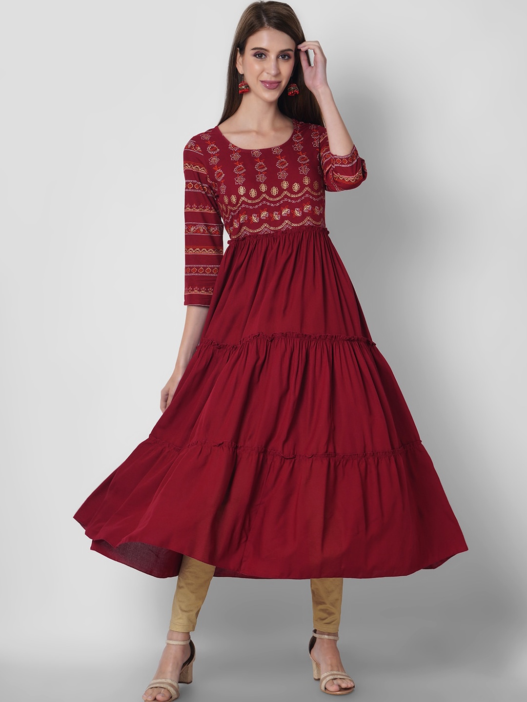 

ORTANGE Women Maroon & Gold-Toned Ethnic Motifs Printed Anarkali Kurta