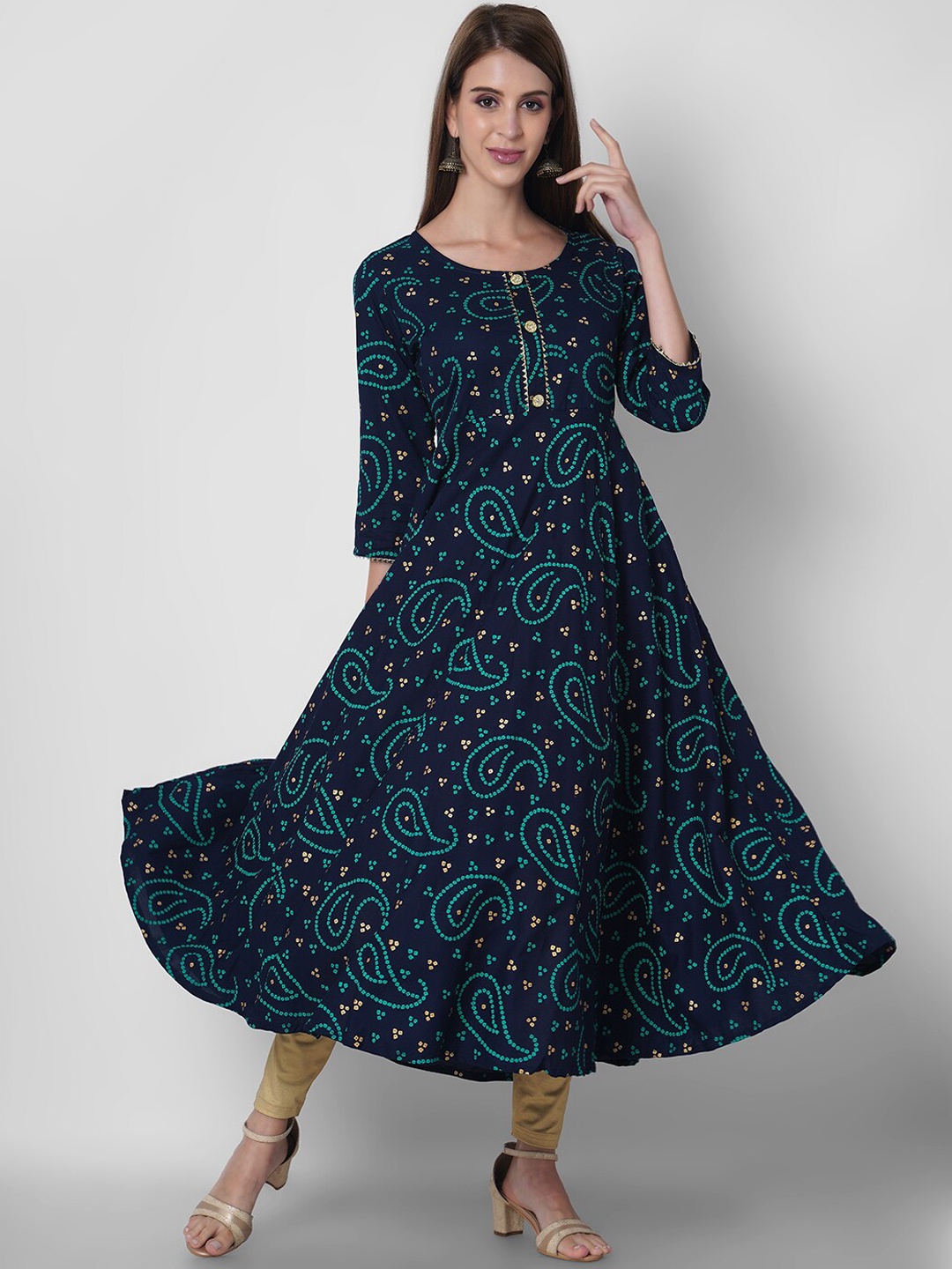 

ORTANGE Women Navy Blue Ethnic Motifs Printed Gotta Patti Anarkali Kurta